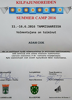 Certyfikat Adam Ciok Summer Camp Finland 2016