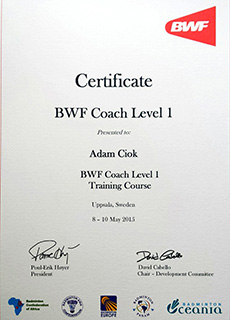 Certyfikat Adam Ciok Badminton World Federation (BWF) Coach Level 1