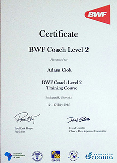 Certyfikat Adam Ciok BWF Coach Level 2