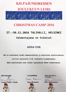 Certyfikat Anna Ciok (Szymańska) trener na obozie badmintona w Finlandii 2016