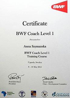 Certyfikat Anna Ciok (Szymańska) Badminton World Federation (BWF) Coach Level 1