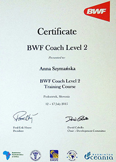 Certyfikat Anna Ciok (Szymańska) BWF Coach Level 2