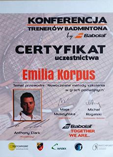 Certyfikat Emilia Korpus nowoczesne metody szkolenia w grach podwójnych